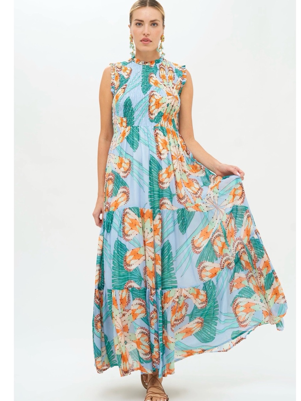 Oliphant Palmetto blue large smocked sleeveless maxi dress $358 retail